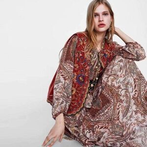 NEW ZARA WOMEN'S FLOWING SIDE SLITS PRINTED MIDI DRESS